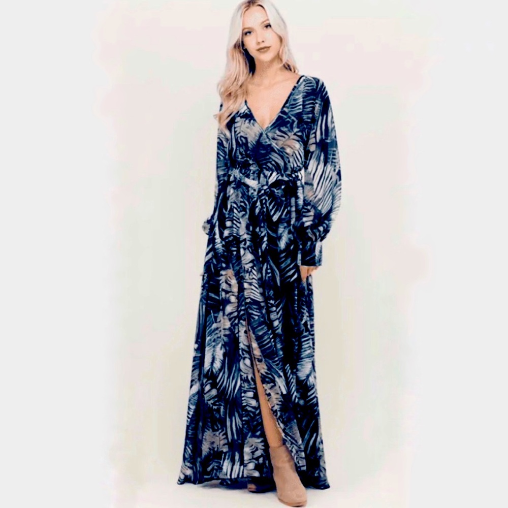 Olivaceous Blue Palm-Print Maxi Dress
